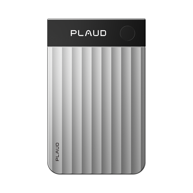 Silver Plaud Note Pro AI voice recorder with ridged vertical design and magnetic case for capturing meetings, calls and conversations